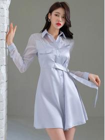 Korean Style  Elegant lapel stitched tulle tie waist  Dress