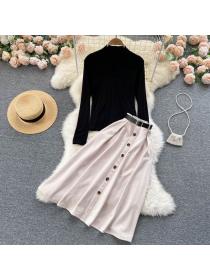 Vintage style Highwaist V-neck Black tops suede slim skirt 2pcs set