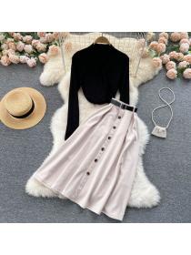 Vintage style Highwaist V-neck Black tops suede slim skirt 2pcs set