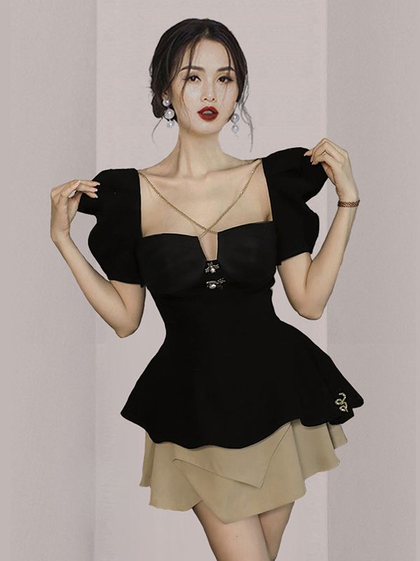 Korean Style Off Collars Puff Sleeve Top+Irrgular Fashion Skirt