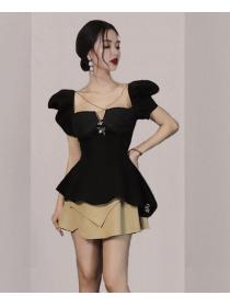 Korean Style Off Collars Puff Sleeve Top+Irrgular Fashion Skirt 