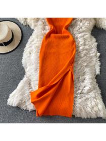 Summer new knitted square-neck slit dress women's midi dress