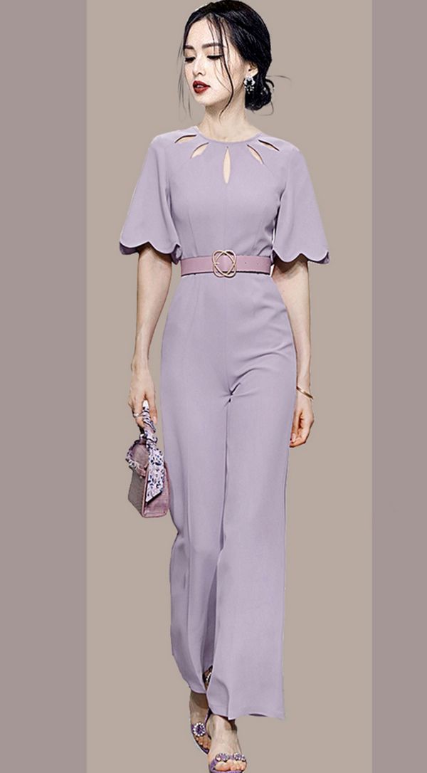 Korean style elegant round neck hollow petal short sleeve high waist slim wide leg jumpsuit