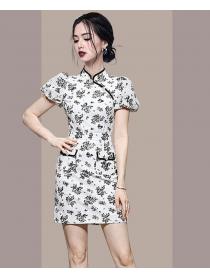 Retro Chinese Style Slim Button Shirt with Puff Sleeves + Elegant Short Skirt