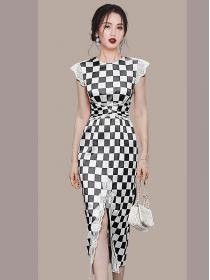 New Style Grid Printing Open Fork Lace Fashion Dress 