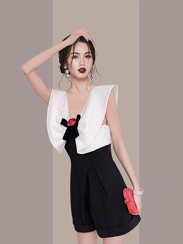 Temperament Slim Floral Bow Contrast Color Casual Thin Jumpsuit