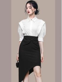 Fashion Lantern Sleeve Shirt High Waist Bow Asymmetric Skirt Skirt Set