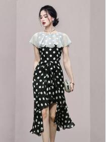 Fashion Style Temperament lotus leaf sleeve waist slimming polka dot elegant fishtail dress