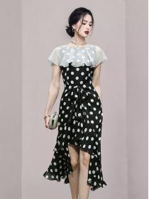 Fashion Style Temperament lotus leaf sleeve waist slimming polka dot elegant fishtail dress