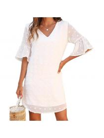 Outlet Women's summer plain color chiffon short-sleeved V-neck dress