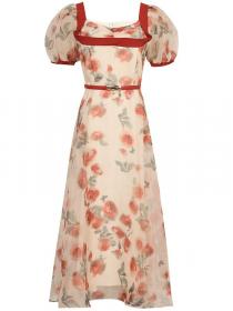 Romantic Rose Print Retro Lantern Sleeve Wavy Swing Pastoral Dress
