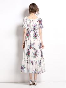 One-piece neckline short-sleeved slim-fit chiffon print dress