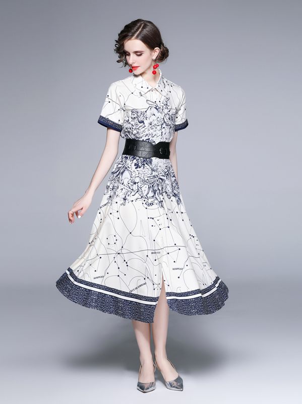 New Style Doll Collars Show Waist Printing Dress