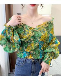One-shoulder temperament collarbone  thin   irregular floral shirt