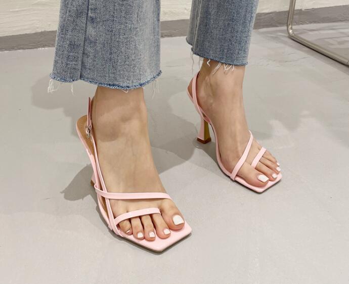 Simple style square toe high heels chunky heel sandals