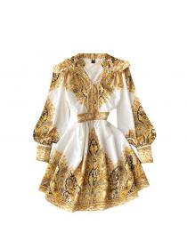 New style V-neck lantern sleeves printed plated dress 