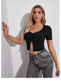 Fashion Slim fit crop top T-shirt short-sleeved button knitted bottoming shirt 