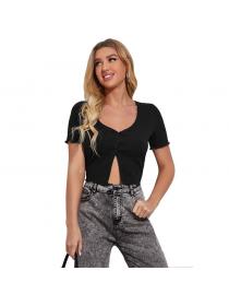 Fashion Slim fit crop top T-shirt short-sleeved button knitted bottoming shirt 