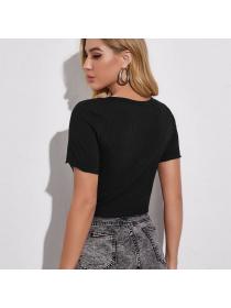 Fashion Slim fit crop top T-shirt short-sleeved button knitted bottoming shirt 