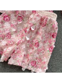 Long-sleeved shirt 3D flower wide-leg shorts ladies summer Outfits