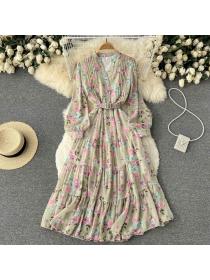 Fashion style V-neck long-sleeved dress new spring chiffon floral dress