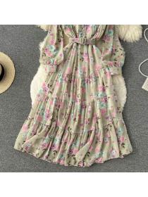 Fashion style V-neck long-sleeved dress new spring chiffon floral dress
