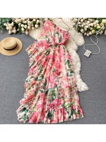 Fashion Single-shoulder elegant Floral print temperament holiday dress