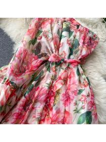 Fashion Single-shoulder elegant Floral print temperament holiday dress