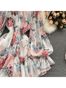 Summer fashion Off-Shoulder Puff Sleeve Slim-Fit Chiffon Floral print Dress