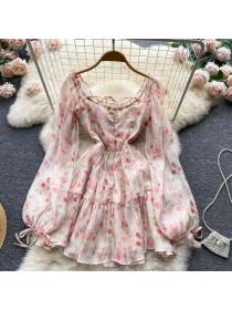 Fashion style Floral print Puff Sleeves Gentle Casual Princess Dress