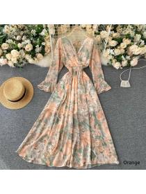 Vintage style flared sleeve Slim-waist floral dress
