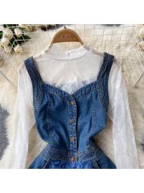 Women's spring lace top +Vintage style slim denim skirt sequin fashion dress