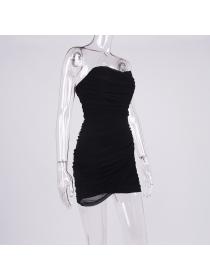 Outlet Hot style Sexy mesh fish bone off shoulder pleated tube top dress