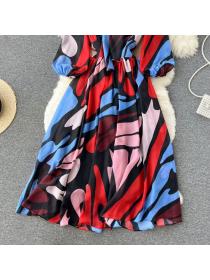 On sale European fashion Slim-fit Long-sleeved Colorful print dress