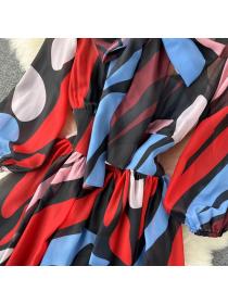 On sale European fashion Slim-fit Long-sleeved Colorful print dress