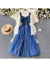 On sale Fashion Lace top Sequins spring sling dress two pieces set for women
