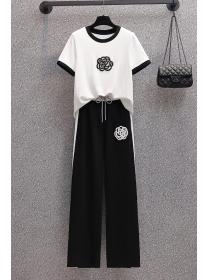 【M-4XL】Summer new loose casual T-shirt wide leg pants two-piece set