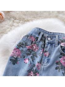 Hot sale Denim pants women's high-waist slim straight casual wide leg Floral pants