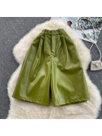 Korean fashion high-waist PU leather pants loose straight wide-leg shorts