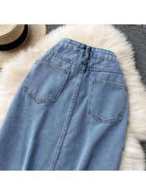 Summer new Korean fashion slit high waist slim denim skirt
