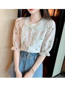 On Sale Color Matching Flower Embroidery Blouse 