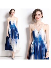 Hot sale Ink Blue Tie Dye Print High-waist Sleeveless Dress