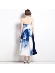 Hot sale Ink Blue Tie Dye Print High-waist Sleeveless Dress 