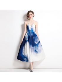 Hot sale Ink Blue Tie Dye Print High-waist Sleeveless Dress 