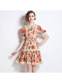 Spring new Vintage style Floral print dress for women with belt