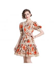 Spring new Vintage style Floral print dress for women with belt