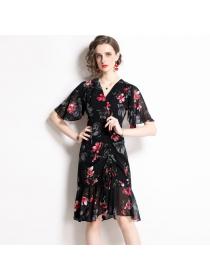 Summer new luxury Floral print ruffled drawstring waist dress