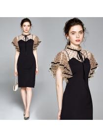 Fashion style Black polka dot slim Midi dress
