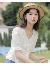 For Sale V  Collars Puff Sleeve Chiffon Blouse 