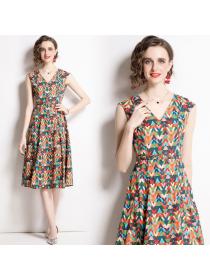 New style Colorful Print V-Neck Sleeveless Dress with Belt